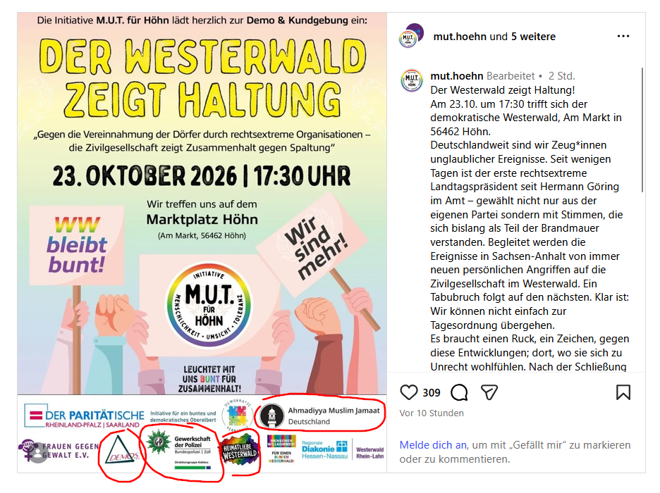 Westerwald: Antifa, Moslems und Gewerkschaft der Polizei vereint im Kampf gegen Rechts